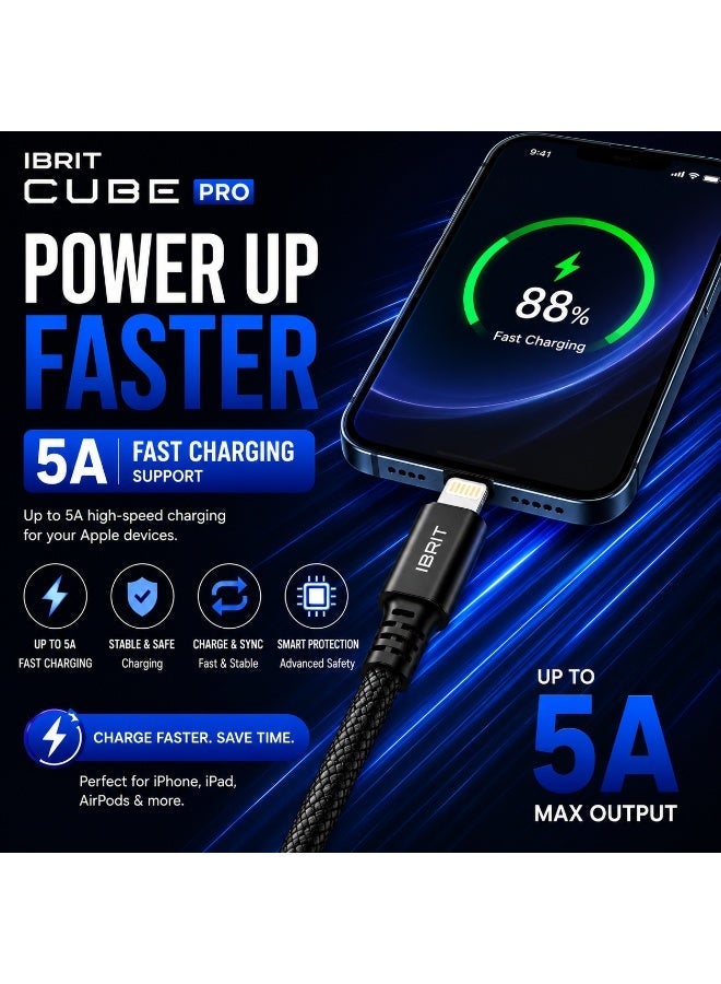 إبريت إيبريت كيوب برو كابل USB-A إلى Lightning نايلون للشحن السريع 5 أمبير بطول 100 سم، كابل Lightning مضفر، أسود - Image 1