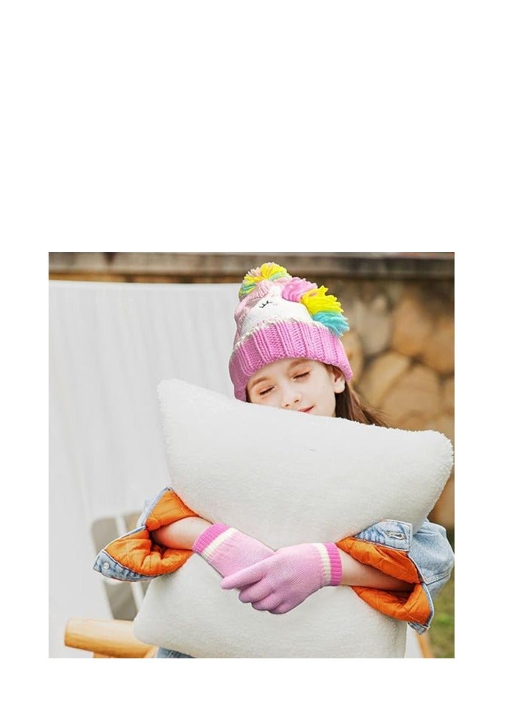 KASTWAVE Toddler Kids   Pompom Knit Beanie Hat & Gloves,  Warm Winter Unicorn Mittens Set, Baby Kids Warm Fleece Knit Beanie Hat & Thick Gloves Skiing Cap for Boys Girls  - Image 3