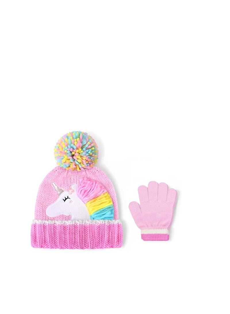 KASTWAVE Toddler Kids   Pompom Knit Beanie Hat & Gloves,  Warm Winter Unicorn Mittens Set, Baby Kids Warm Fleece Knit Beanie Hat & Thick Gloves Skiing Cap for Boys Girls  - Image 1
