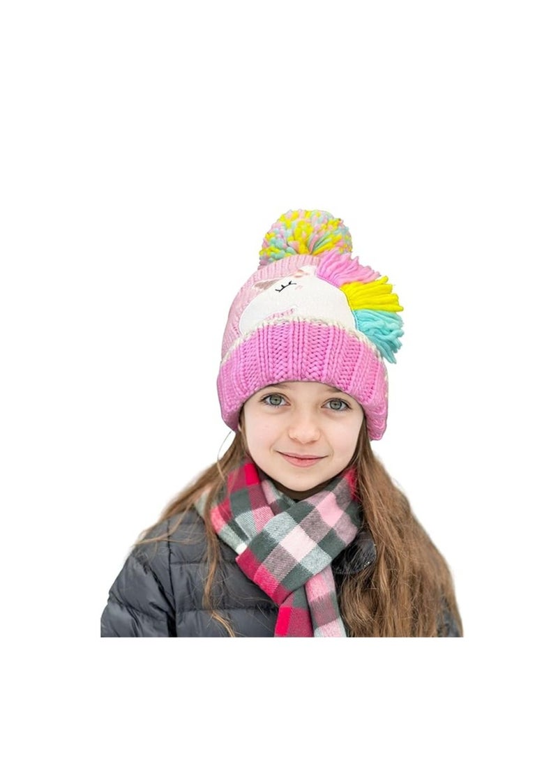 KASTWAVE Toddler Kids   Pompom Knit Beanie Hat & Gloves,  Warm Winter Unicorn Mittens Set, Baby Kids Warm Fleece Knit Beanie Hat & Thick Gloves Skiing Cap for Boys Girls  - Image 2
