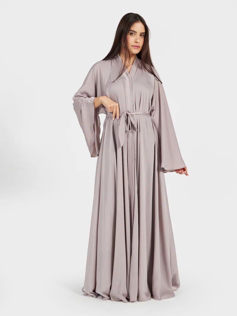 عباءات ريم Champagne Dust Satin Silk Abaya - Luxury Neutral Modest Kaftan