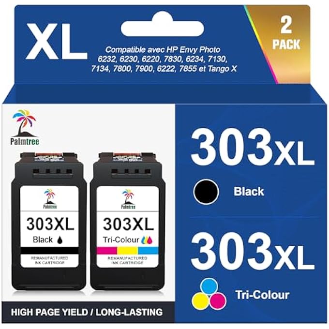 REMANUFACTURED COMPATIBLE CARTRIDGES FOR 303XL INK CARTRIDGES FOR 303 XL FOR ENVY PHOTO 6220 6230 6232 6234 7130 7134 7220 7800 7830 7900 TANGO X (1 BLACK, 1 TRICOLOUR) - Image 1