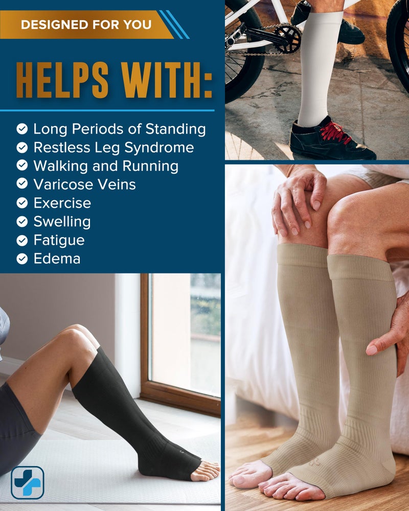 Doctor's Select 3 Pairs Copper Toeless Compression Socks Women & Men - 20-30 mmHg Open Toe Compression Socks Women, Knee High Black, White, Nude Compression Sock - Image 5