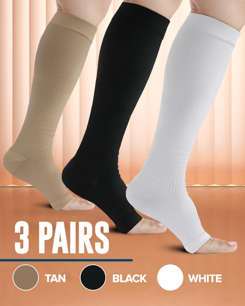 Doctor's Select 3 Pairs Copper Toeless Compression Socks Women & Men - 20-30 mmHg Open Toe Compression Socks Women, Knee High Black, White, Nude Compression Sock - Image 3