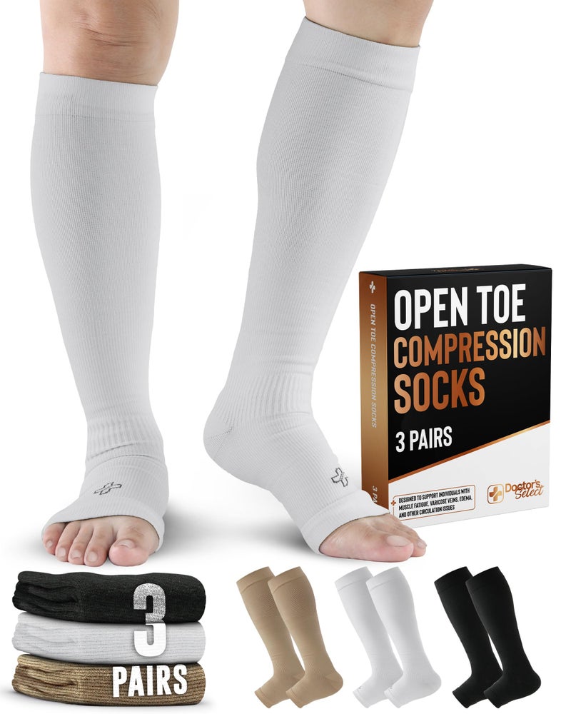 Doctor's Select 3 Pairs Copper Toeless Compression Socks Women & Men - 20-30 mmHg Open Toe Compression Socks Women, Knee High Black, White, Nude Compression Sock - Image 1