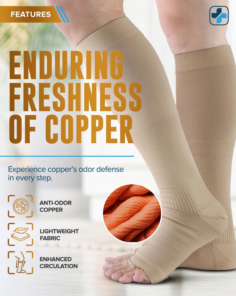 Doctor's Select 3 Pairs Copper Toeless Compression Socks Women & Men - 20-30 mmHg Open Toe Compression Socks Women, Knee High Black, White, Nude Compression Sock - Image 2