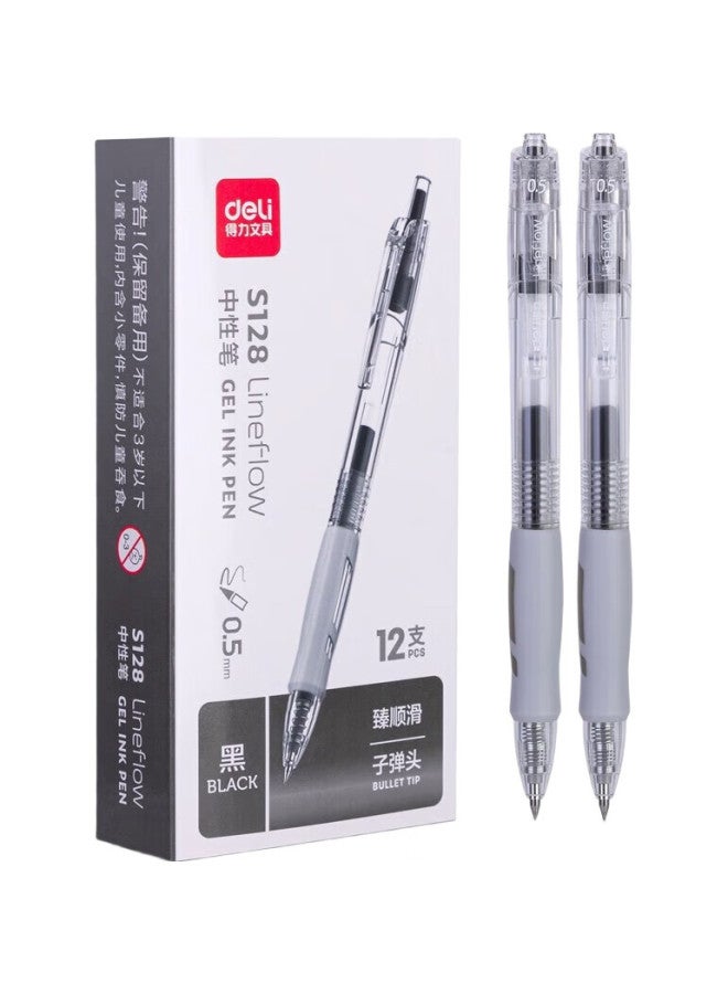 Deli Smooth Series Retractable Gel Pen, 0.5Mm Bullet Tip, Minimalist Style Signature Pen, Office Stationery, Black, 12 Pens/Box, S128 - Image 1