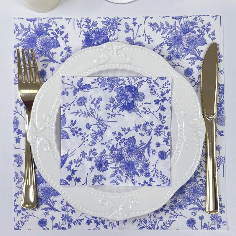 WRAPAHOLIC 25Pcs Blue Floral Cocktail Napkins - Blue and White Toile Paper Napkins for Bridal  Baby Shower  Tea Party  Garden Party  Birthday - 5 x 5 In - Image 3