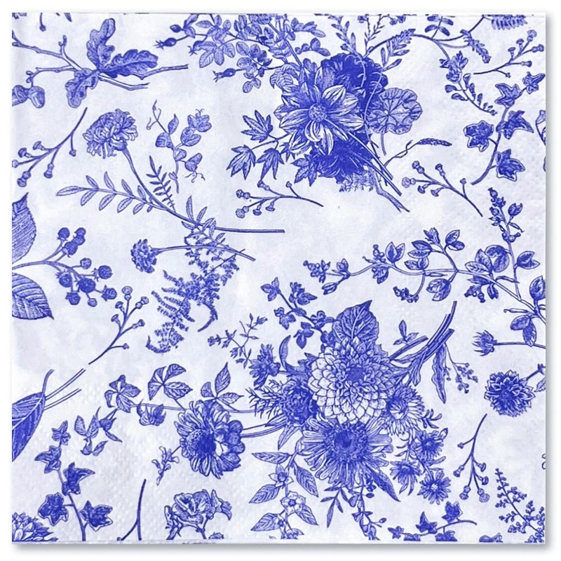 WRAPAHOLIC 25Pcs Blue Floral Cocktail Napkins - Blue and White Toile Paper Napkins for Bridal  Baby Shower  Tea Party  Garden Party  Birthday - 5 x 5 In - Image 1
