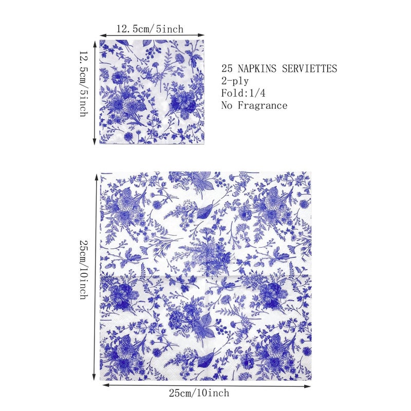 WRAPAHOLIC 25Pcs Blue Floral Cocktail Napkins - Blue and White Toile Paper Napkins for Bridal  Baby Shower  Tea Party  Garden Party  Birthday - 5 x 5 In - Image 2