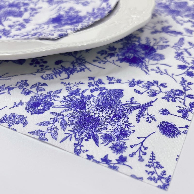 WRAPAHOLIC 25Pcs Blue Floral Cocktail Napkins - Blue and White Toile Paper Napkins for Bridal  Baby Shower  Tea Party  Garden Party  Birthday - 5 x 5 In - Image 5