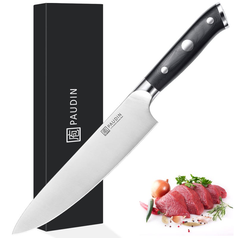 PAUDIN Chef Knife 8 Inch Professional Kitchen Knife 7Cr17MoV German Stainless Steel Forged Chefs Knife with Ergonomic G10 Handle Classic Chefs Knife Meat Knife with Gift Box