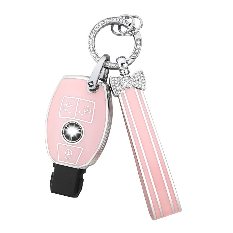 PIFOOG for Mercedes Key Fob Cover 3 Button Pink TPU Bling Car Key Chain Accessories Keys Case Shell Protector for Mercerdes Benz AMG GLC GLA CLA GLS GLE GLK CLS C 300 G E S ML Class Women Girly