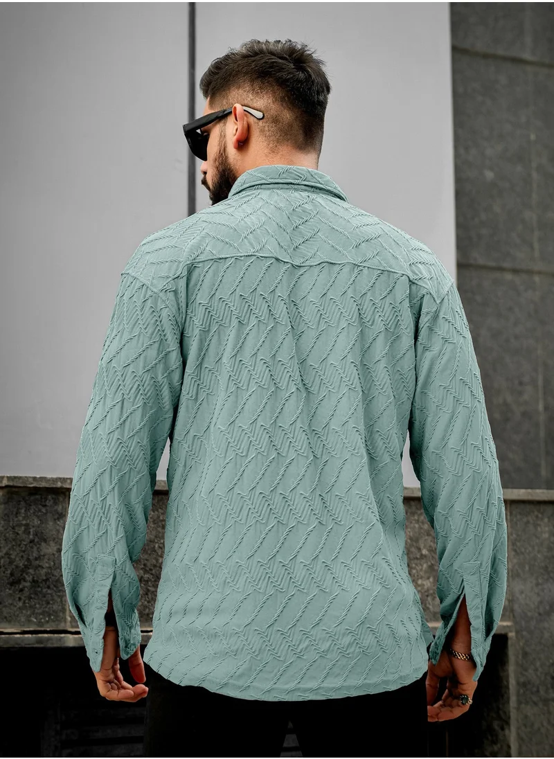 Maniac Maniac Men Creased Solid Collared Neck Full Sleeve Green Cotton Shirt