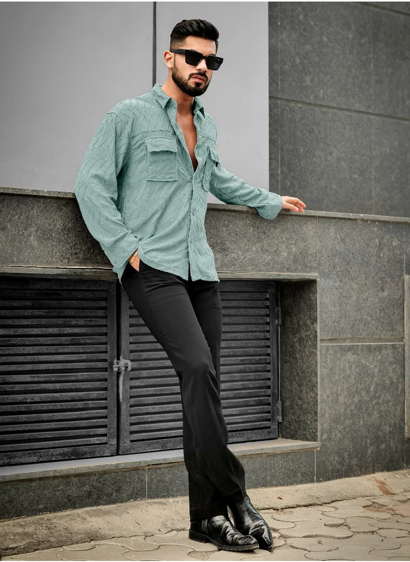 Maniac Maniac Men Creased Solid Collared Neck Full Sleeve Green Cotton Shirt