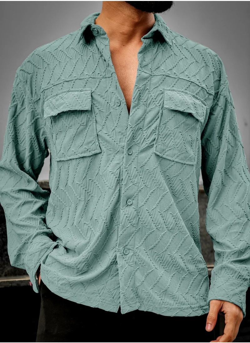 Maniac Maniac Men Creased Solid Collared Neck Full Sleeve Green Cotton Shirt