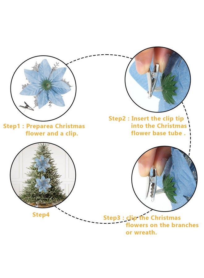 Sawowkuya Sawowkuya 15 Pcs Blue Poinsettia Artificial Flowers Glitter Artificial Christmas Flowers Decorations with Clips for Xmas Tree Ornaments Wedding Party Wreath Decor  - Image 5
