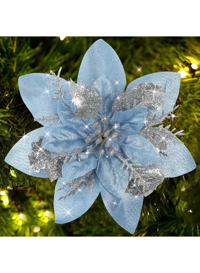 Sawowkuya Sawowkuya 15 Pcs Blue Poinsettia Artificial Flowers Glitter Artificial Christmas Flowers Decorations with Clips for Xmas Tree Ornaments Wedding Party Wreath Decor  - Image 1