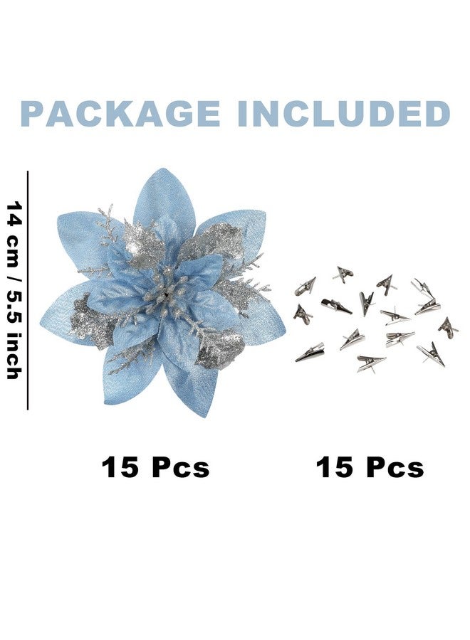 Sawowkuya Sawowkuya 15 Pcs Blue Poinsettia Artificial Flowers Glitter Artificial Christmas Flowers Decorations with Clips for Xmas Tree Ornaments Wedding Party Wreath Decor  - Image 2