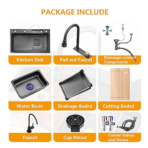 ARTLINE Black Single Bowl Kitchen Sink, Stainless Steel Waterfall Sink, Bar Sink with Cup Washer Sinks, Drop-In/Undermount Farmhouse Workstation Sink with Multiple Accessories (26.8 x 17.7in) - Image 2