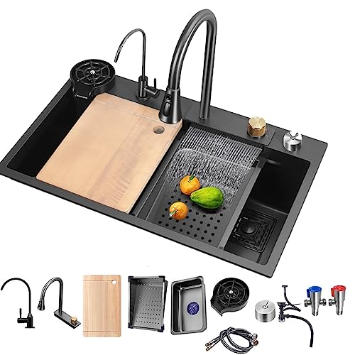 ARTLINE Black Single Bowl Kitchen Sink, Stainless Steel Waterfall Sink, Bar Sink with Cup Washer Sinks, Drop-In/Undermount Farmhouse Workstation Sink with Multiple Accessories (26.8 x 17.7in) - Image 1