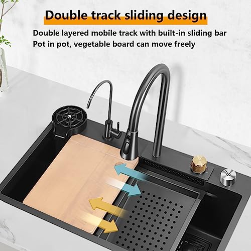 ARTLINE Black Single Bowl Kitchen Sink, Stainless Steel Waterfall Sink, Bar Sink with Cup Washer Sinks, Drop-In/Undermount Farmhouse Workstation Sink with Multiple Accessories (26.8 x 17.7in) - Image 5