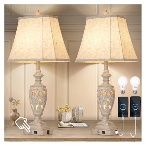 AIDENOEY 29.5"H Touch Control Traditional Table Lamp Set of 2,Vintage Bedside Lamp Nightstand Lamps with Dual USB Ports,3-Way Dimmable Hollow Out Leafwork White Washed Finish Desk Lamps for Living Room,Bedroom - Image 1