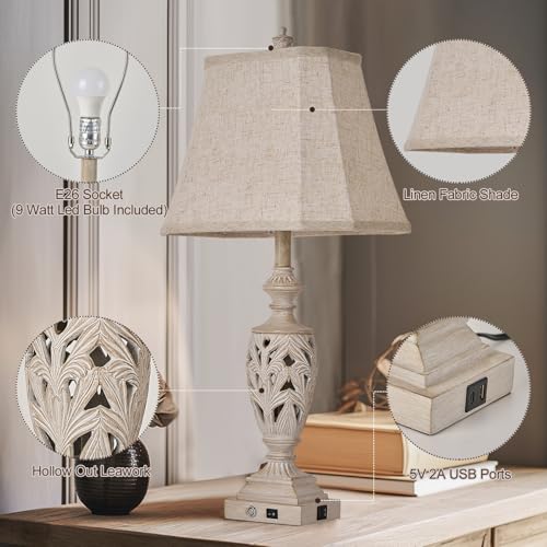 AIDENOEY 29.5"H Touch Control Traditional Table Lamp Set of 2,Vintage Bedside Lamp Nightstand Lamps with Dual USB Ports,3-Way Dimmable Hollow Out Leafwork White Washed Finish Desk Lamps for Living Room,Bedroom - Image 2