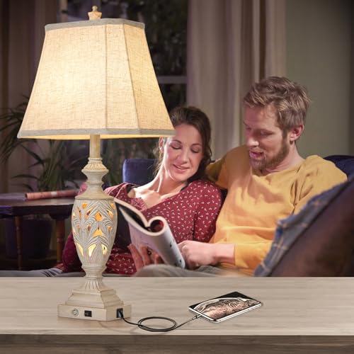 AIDENOEY 29.5"H Touch Control Traditional Table Lamp Set of 2,Vintage Bedside Lamp Nightstand Lamps with Dual USB Ports,3-Way Dimmable Hollow Out Leafwork White Washed Finish Desk Lamps for Living Room,Bedroom - Image 5