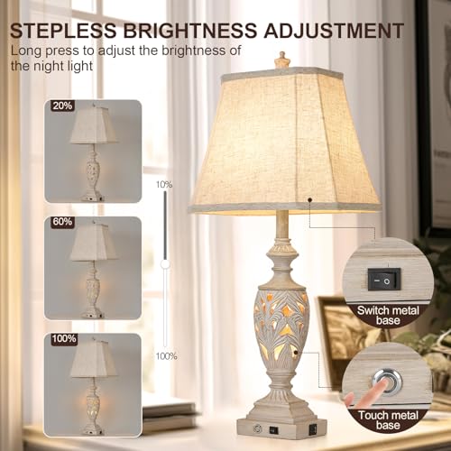 AIDENOEY 29.5"H Touch Control Traditional Table Lamp Set of 2,Vintage Bedside Lamp Nightstand Lamps with Dual USB Ports,3-Way Dimmable Hollow Out Leafwork White Washed Finish Desk Lamps for Living Room,Bedroom - Image 3