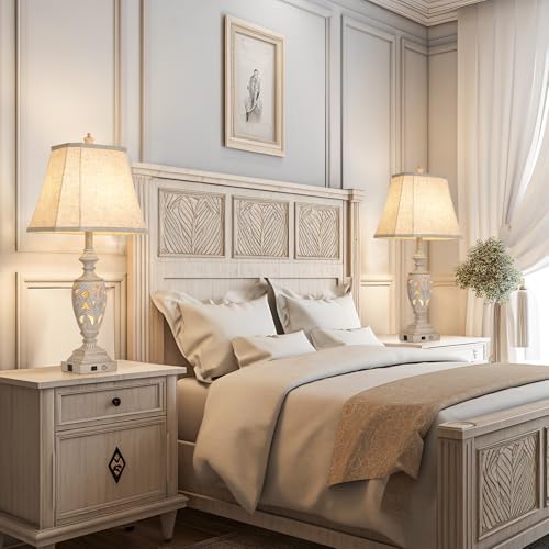 AIDENOEY 29.5"H Touch Control Traditional Table Lamp Set of 2,Vintage Bedside Lamp Nightstand Lamps with Dual USB Ports,3-Way Dimmable Hollow Out Leafwork White Washed Finish Desk Lamps for Living Room,Bedroom - Image 4