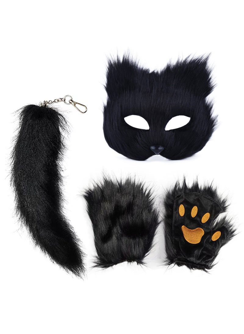 Loquat Party Fox Mask Glove Set Furry Fingerless Tail Costume Black mask + tail + gloves 