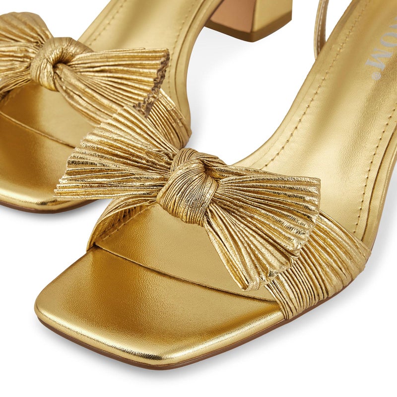 ISNOM Gold Heels Bow Knot Heeled Sandals Ankle Buckle Strap Open Toe Block Chunky Heel Wedding Party Fashion Bridal Shoes (Gold Size7.5) - Image 5