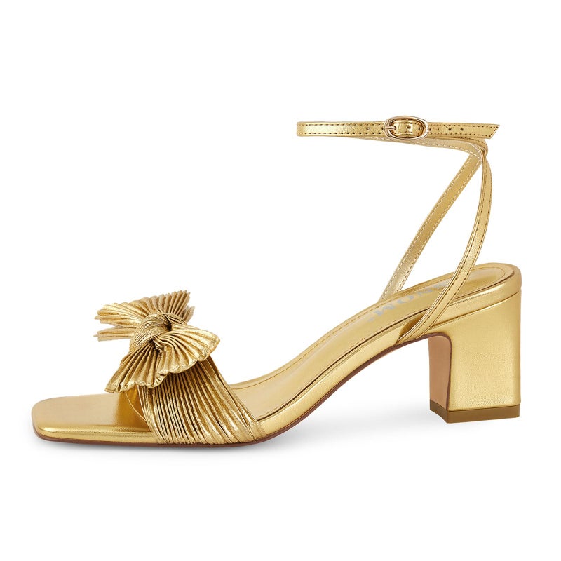 ISNOM Gold Heels Bow Knot Heeled Sandals Ankle Buckle Strap Open Toe Block Chunky Heel Wedding Party Fashion Bridal Shoes (Gold Size7.5) - Image 4