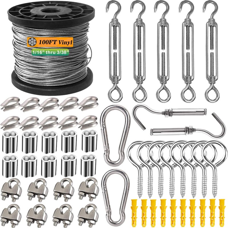 Roxanned 1/16 Wire Rope Kit,304 Stainless Steel Wire Cable 7x7 Strand Core 100ft Vinyl Coated Aircraft Cable,Outdoor String Lights Hanging Kit with Turnbuckles for Garden Cable Wire,Guy Wire Kit - Image 1