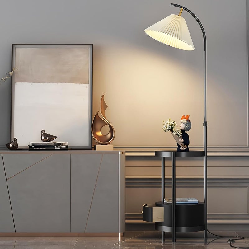 Sharpdo Modern Black Floor Lamp with Pleated Shade - 3-Color Dimming, 2-Tier Coffee Table & Drawer Storage for Saudi Majlis & Living Room - Image 4