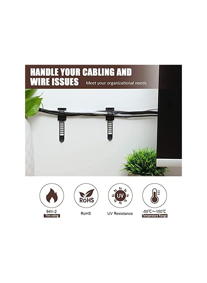 KASTWAVE Cable Management Clips 50Pcs Adjustable Nylon Cable Strap Ties Wire Clips Clamps Organizer With Strong Adhesive Tape Extra Screw And Hole For Strong Fixation Home Office 3.35 Inch Black - Image 2