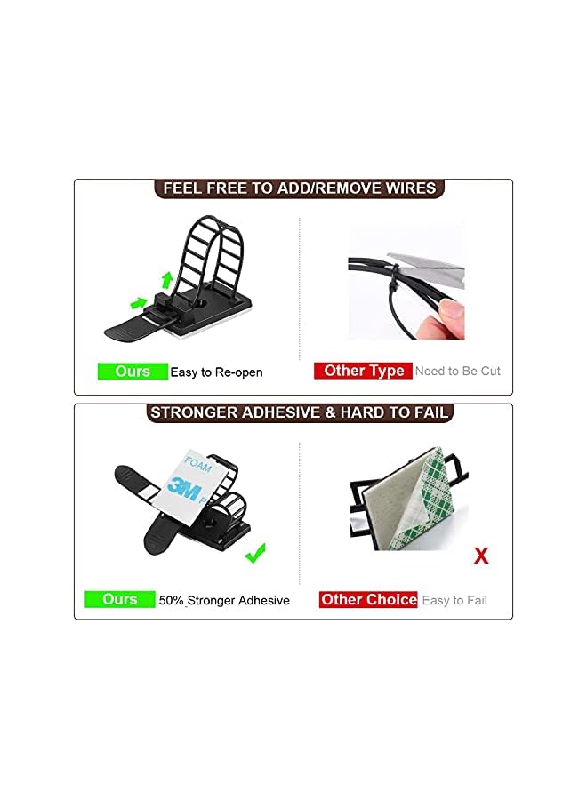 KASTWAVE Cable Management Clips 50Pcs Adjustable Nylon Cable Strap Ties Wire Clips Clamps Organizer With Strong Adhesive Tape Extra Screw And Hole For Strong Fixation Home Office 3.35 Inch Black - Image 4