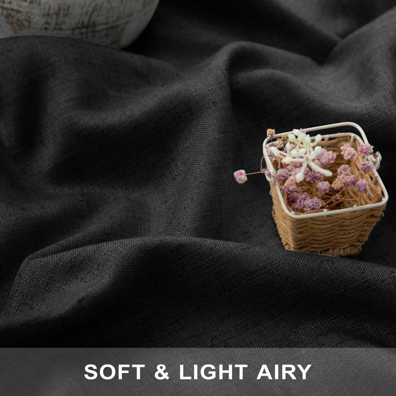 Pitalk Black Linen Curtains 84 Inch Length for Living Room 2 Panel Back Tab Pocket Muslin Light Filtering Semi Privacy Thick Sheer Floor Length Curtain for Mens Bedroom Man Cave Modern Farmhouse Gothic Decor - Image 2