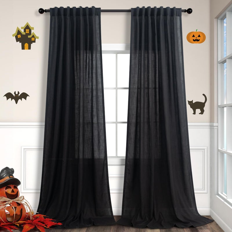 Pitalk Black Linen Curtains 84 Inch Length for Living Room 2 Panel Back Tab Pocket Muslin Light Filtering Semi Privacy Thick Sheer Floor Length Curtain for Mens Bedroom Man Cave Modern Farmhouse Gothic Decor - Image 1