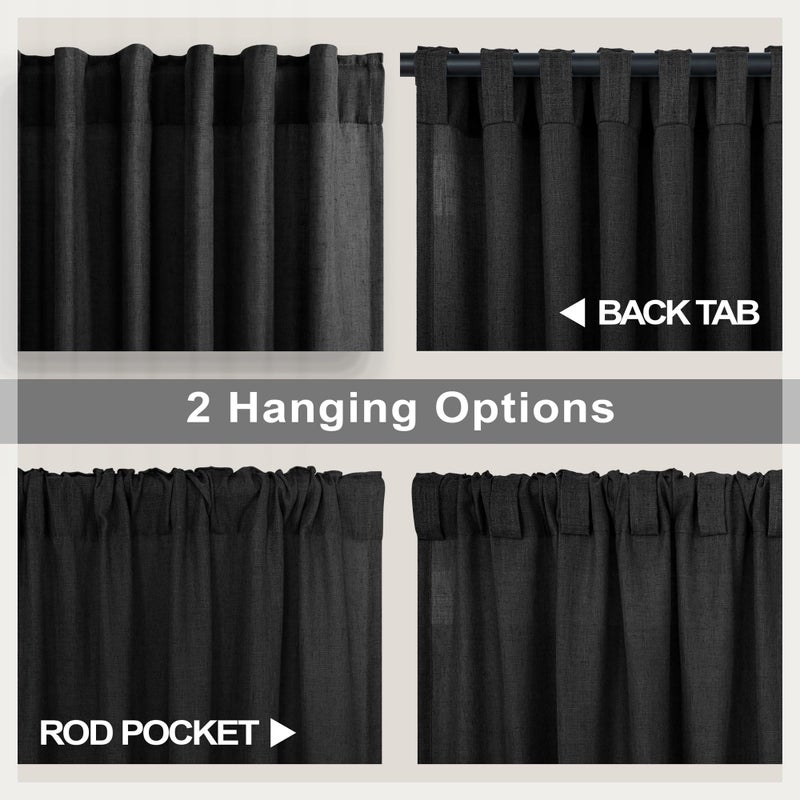 Pitalk Black Linen Curtains 84 Inch Length for Living Room 2 Panel Back Tab Pocket Muslin Light Filtering Semi Privacy Thick Sheer Floor Length Curtain for Mens Bedroom Man Cave Modern Farmhouse Gothic Decor - Image 4