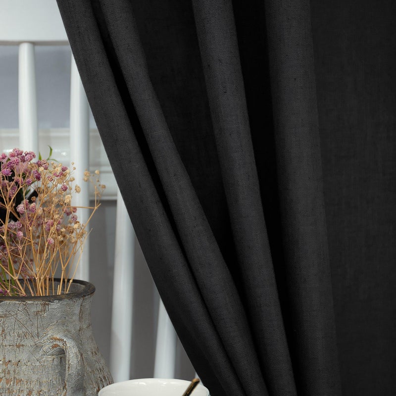 Pitalk Black Linen Curtains 84 Inch Length for Living Room 2 Panel Back Tab Pocket Muslin Light Filtering Semi Privacy Thick Sheer Floor Length Curtain for Mens Bedroom Man Cave Modern Farmhouse Gothic Decor - Image 3