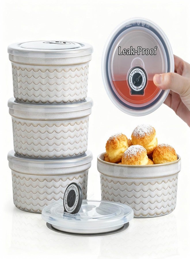 MISSYSSIM 12 oz Ramekins with Lids Airtight Ceramic Storage Containers with Lids for Meal Prep/Moving/Freezer/Oven, Creme Brulee Ramekin Sets with Covers for Leftovers, Baking, Cooking, Beige Ripple - Image 1