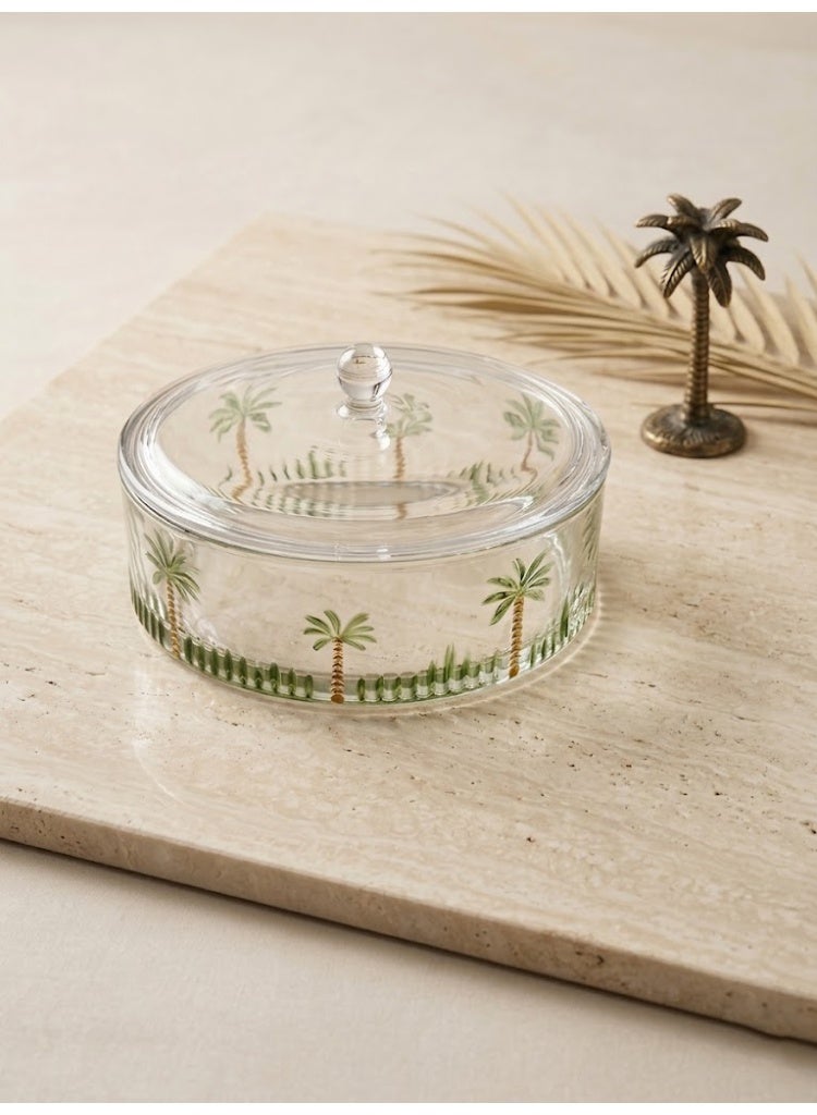 Round Clear Glass Box with Cover - Palm Tree Design - Image 3