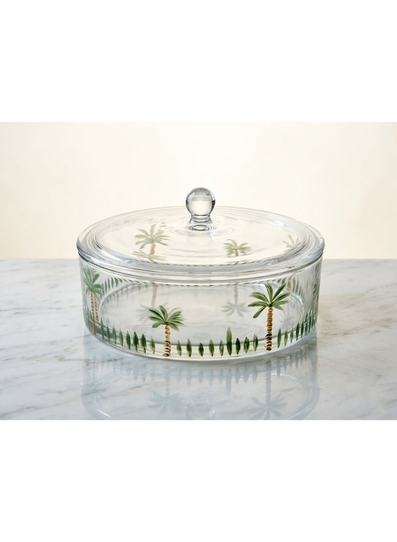 Round Clear Glass Box with Cover - Palm Tree Design - Image 1