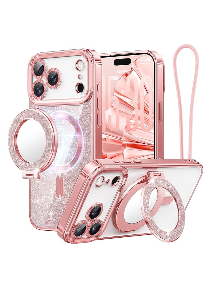 For iPhone 17 Pro, 4-in-1 Magnetic Glitter Case | Makeup Mirror, Phone Stand, Lens Film & Sparkly Cover, Pink MagSafe Case，Perfect Gift for Women & Girls - Image 1
