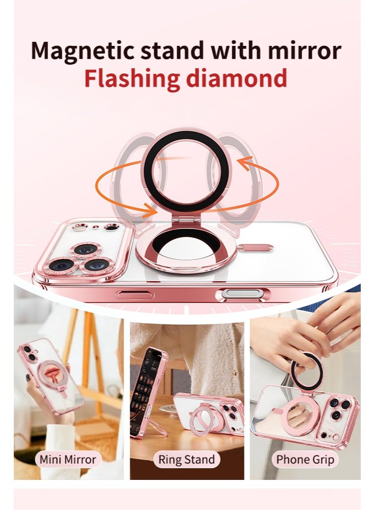 For iPhone 17 Pro, 4-in-1 Magnetic Glitter Case | Makeup Mirror, Phone Stand, Lens Film & Sparkly Cover, Pink MagSafe Case，Perfect Gift for Women & Girls - Image 3