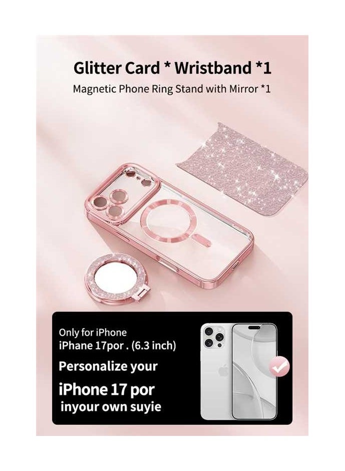 For iPhone 17 Pro, 4-in-1 Magnetic Glitter Case | Makeup Mirror, Phone Stand, Lens Film & Sparkly Cover, Pink MagSafe Case，Perfect Gift for Women & Girls - Image 2