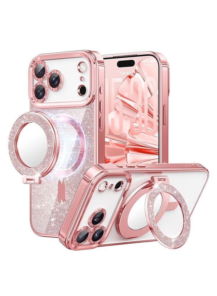 For iPhone 17 Pro, 4-in-1 Magnetic Glitter Case | Makeup Mirror, Phone Stand, Lens Film & Sparkly Cover, Pink MagSafe Case，Perfect Gift for Women & Girls - Image 1