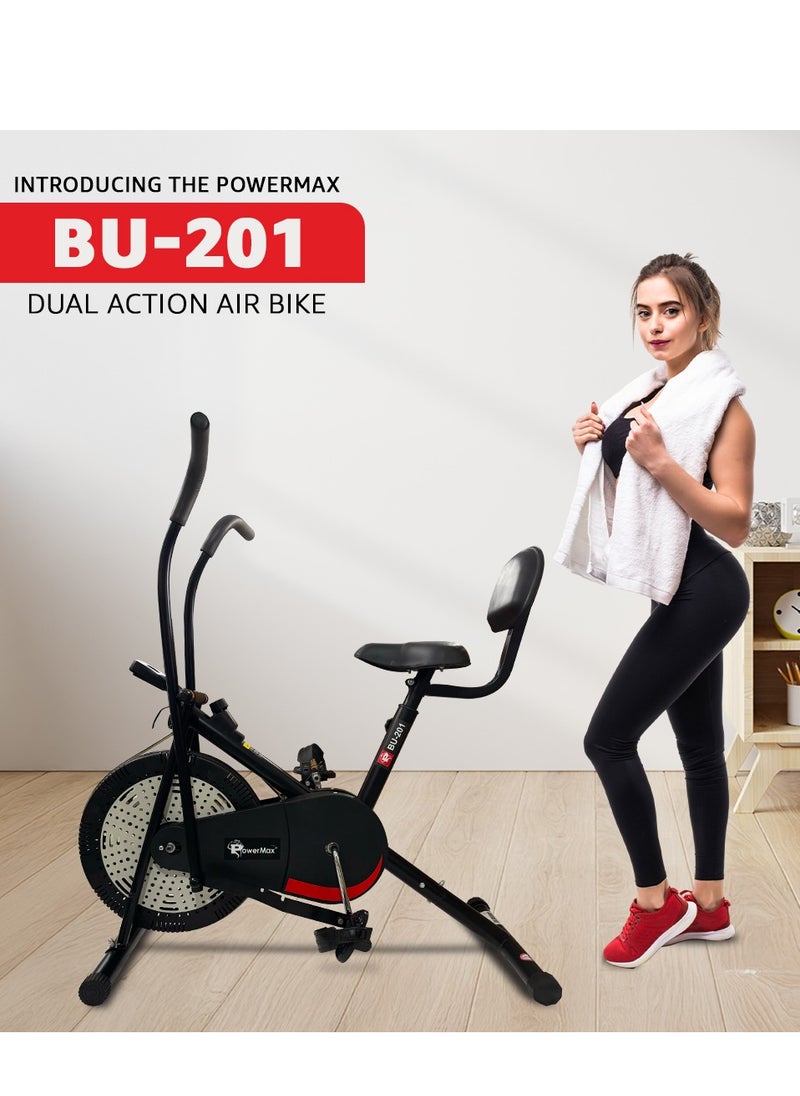 PowerMax Fitness PowerMax Fitness BU-201 Dual Action Air Bike Exercise Cycle for Home-Gym Workout With Adjustable Cushioned Seat | Non-Slip Pedals |Moving Handles Gym Bike for Max user 120kg, Belt Drive  - Image 2